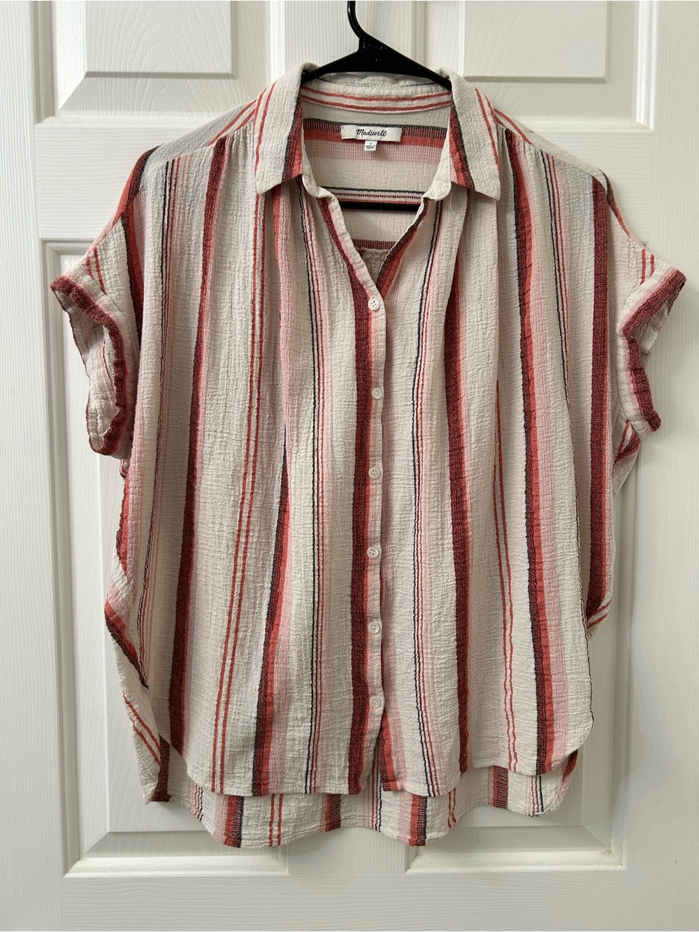 Madewell 100% Cotton Ivory Top with Red and Brown Vertical Stripes